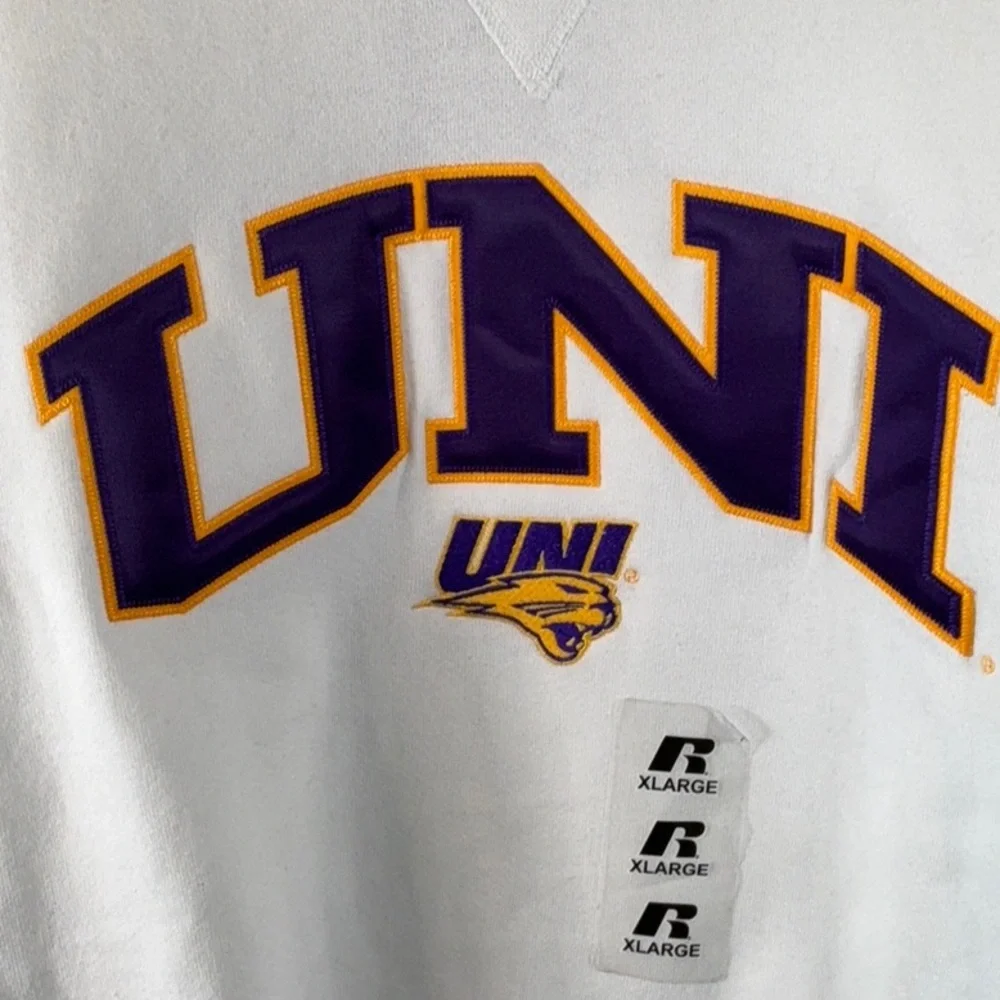 Russell Athletic White Sweater with Purple and Yellow Logo